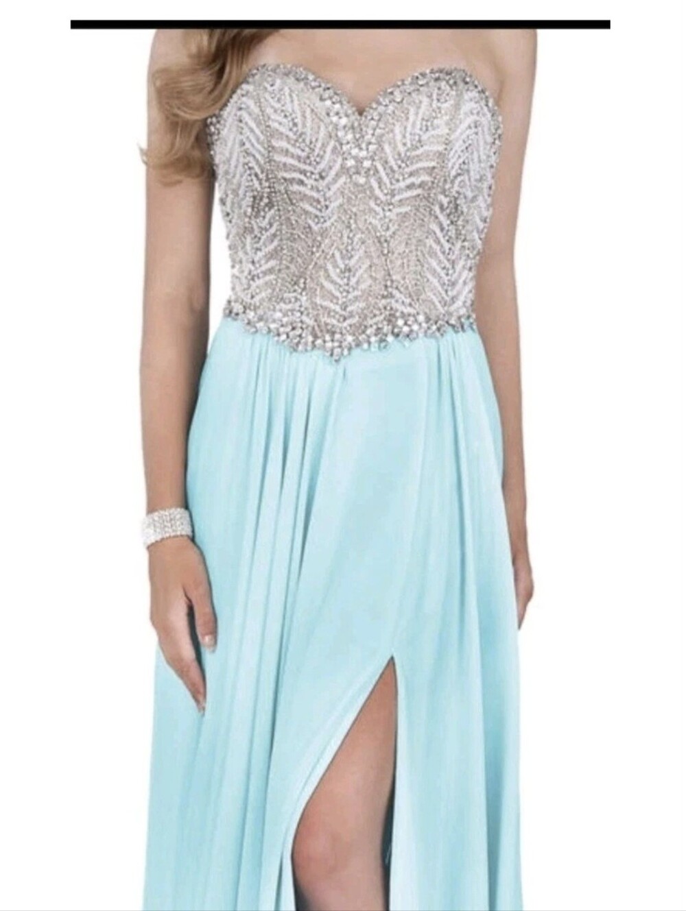 Terani Couture Ice Blue Beaded Strapless Prom Gown